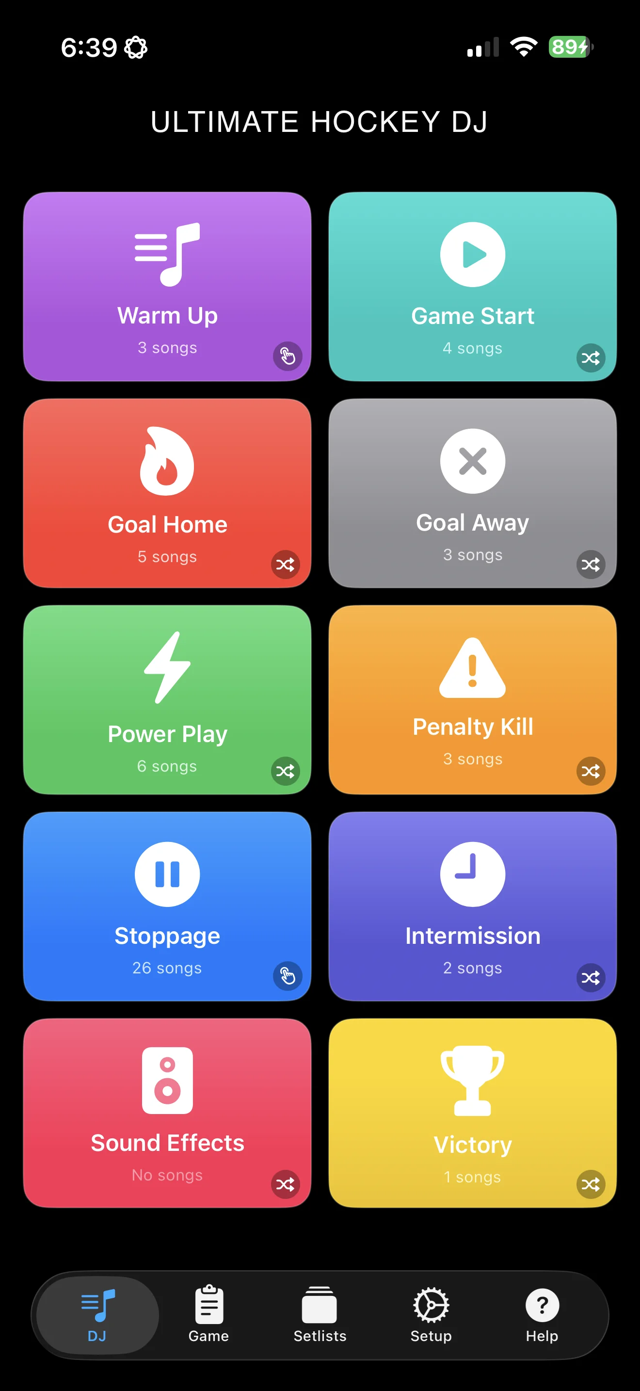 Ultimate Hockey DJ main screen showing colorful event buttons for goals, penalties, and power plays