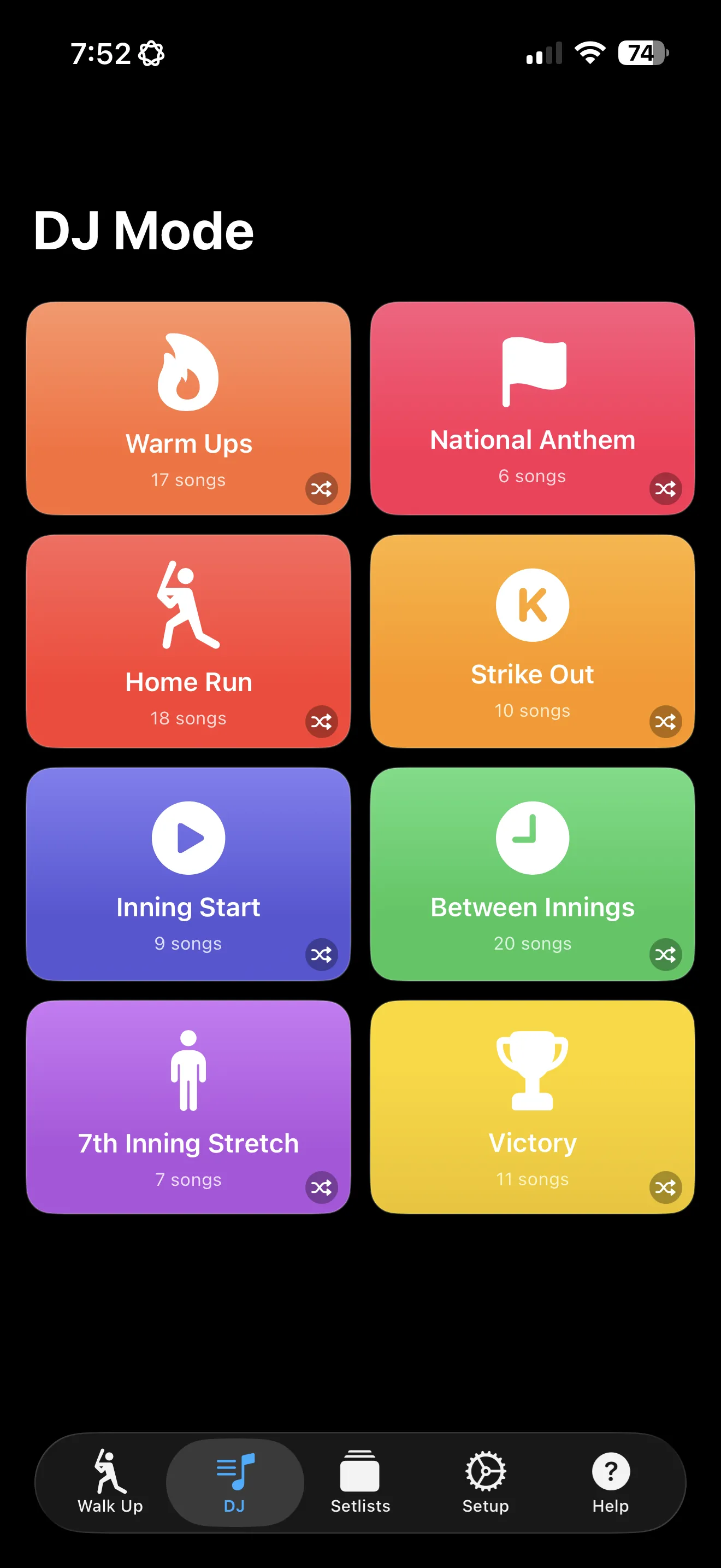 DJ console with large colorful event buttons for instant one-tap playback
