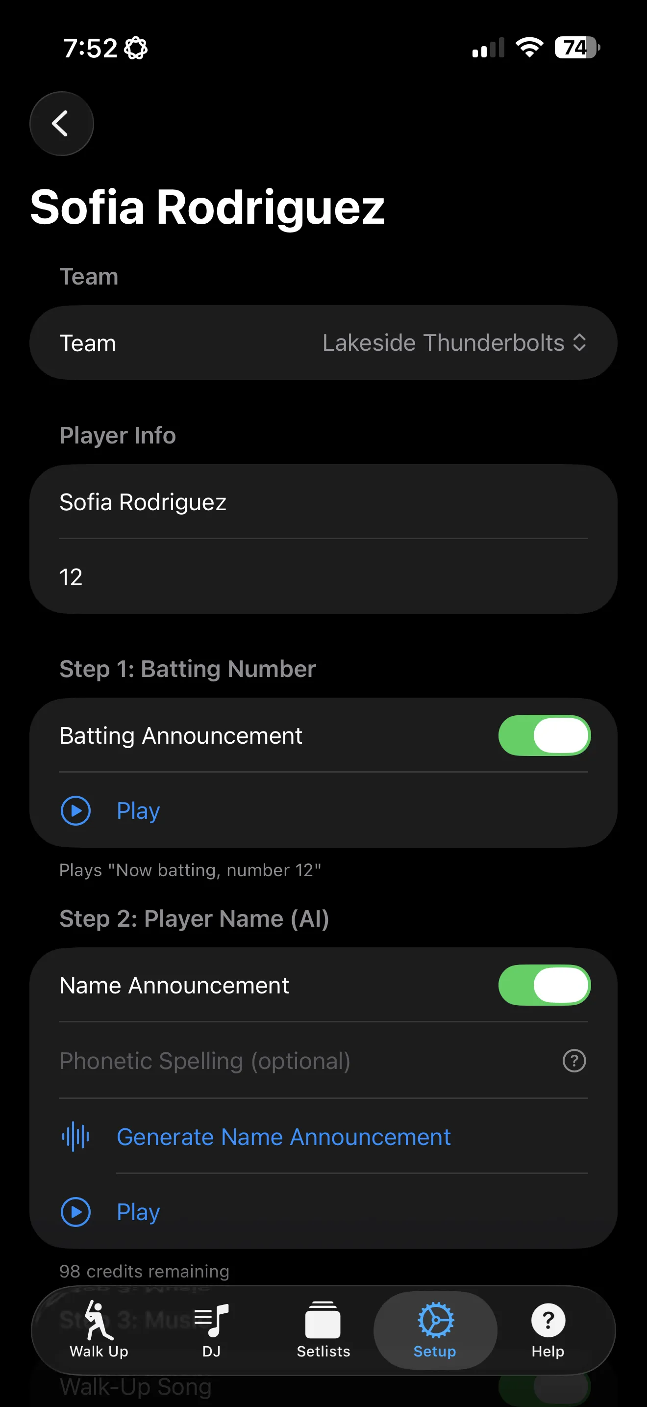 Player setup screen with name, number, and walk-up song assignment