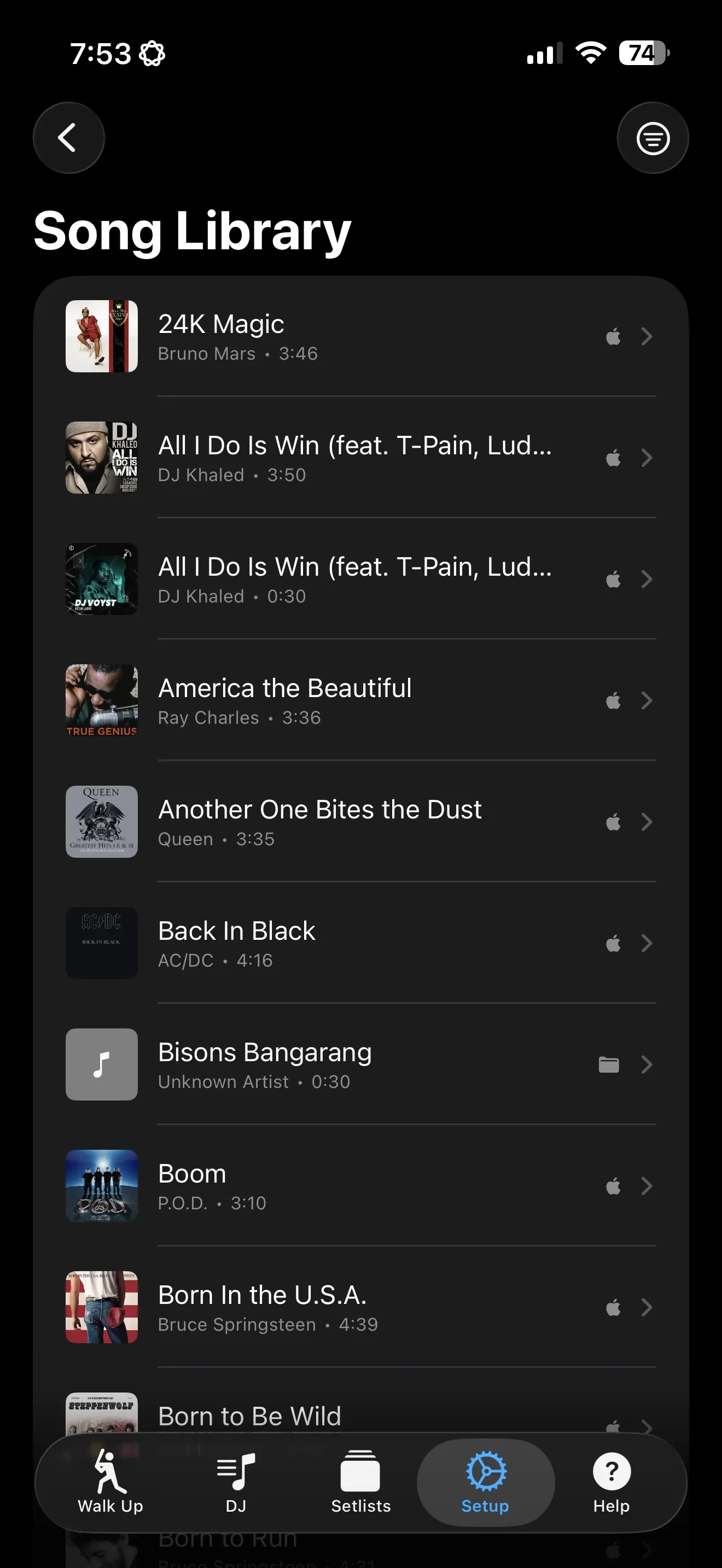 Song library showing songs assigned to events and setlist management