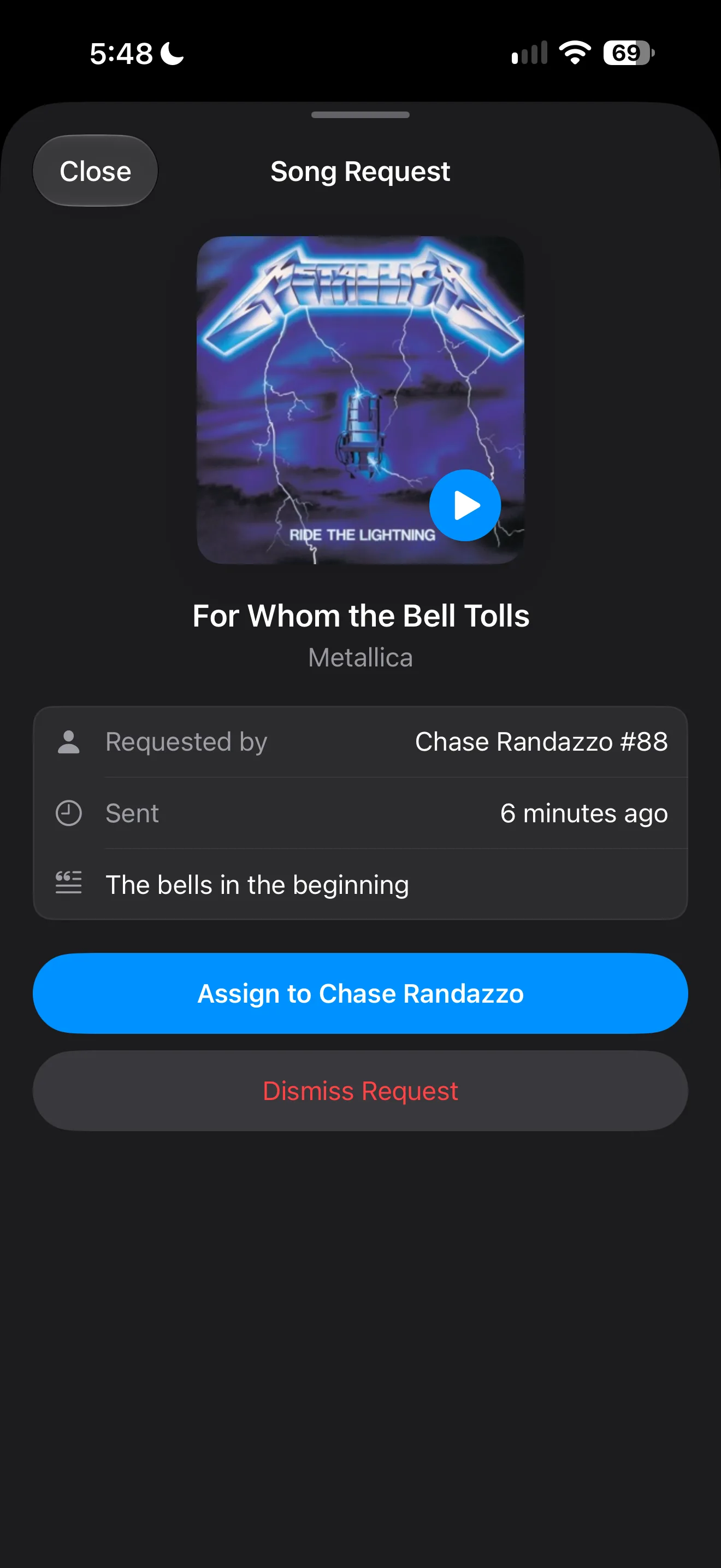 Reviewing a player's walk-up song request with a song preview and a button to assign it to that player