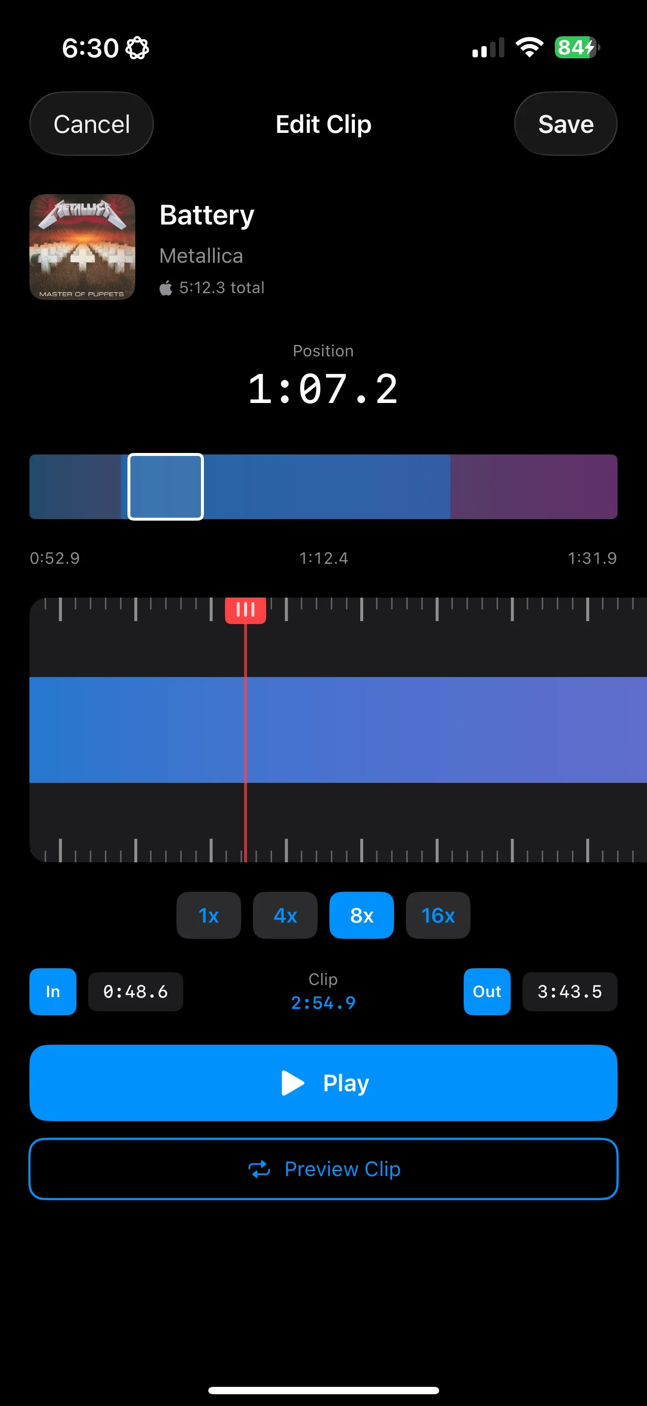 Audio clip editor with visual waveform and pinch-to-zoom for setting start and end points