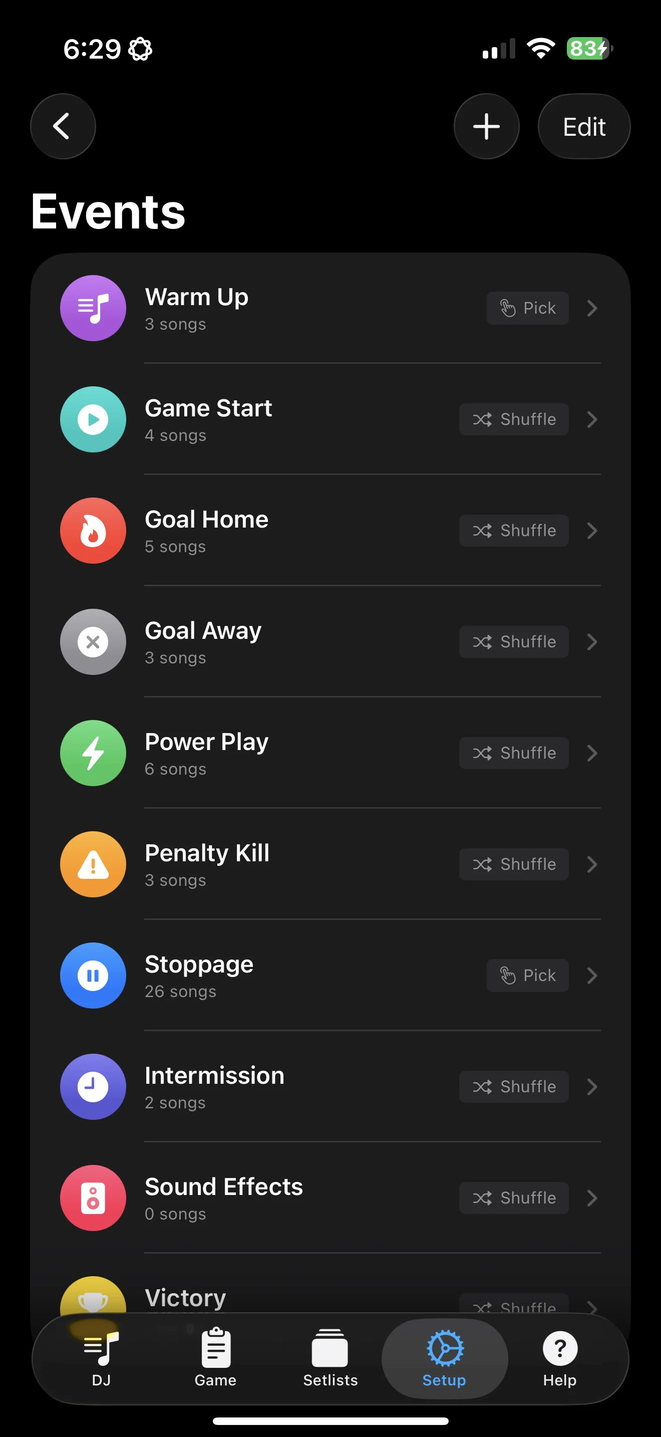 Event setup screen showing song assignments and playback mode configuration