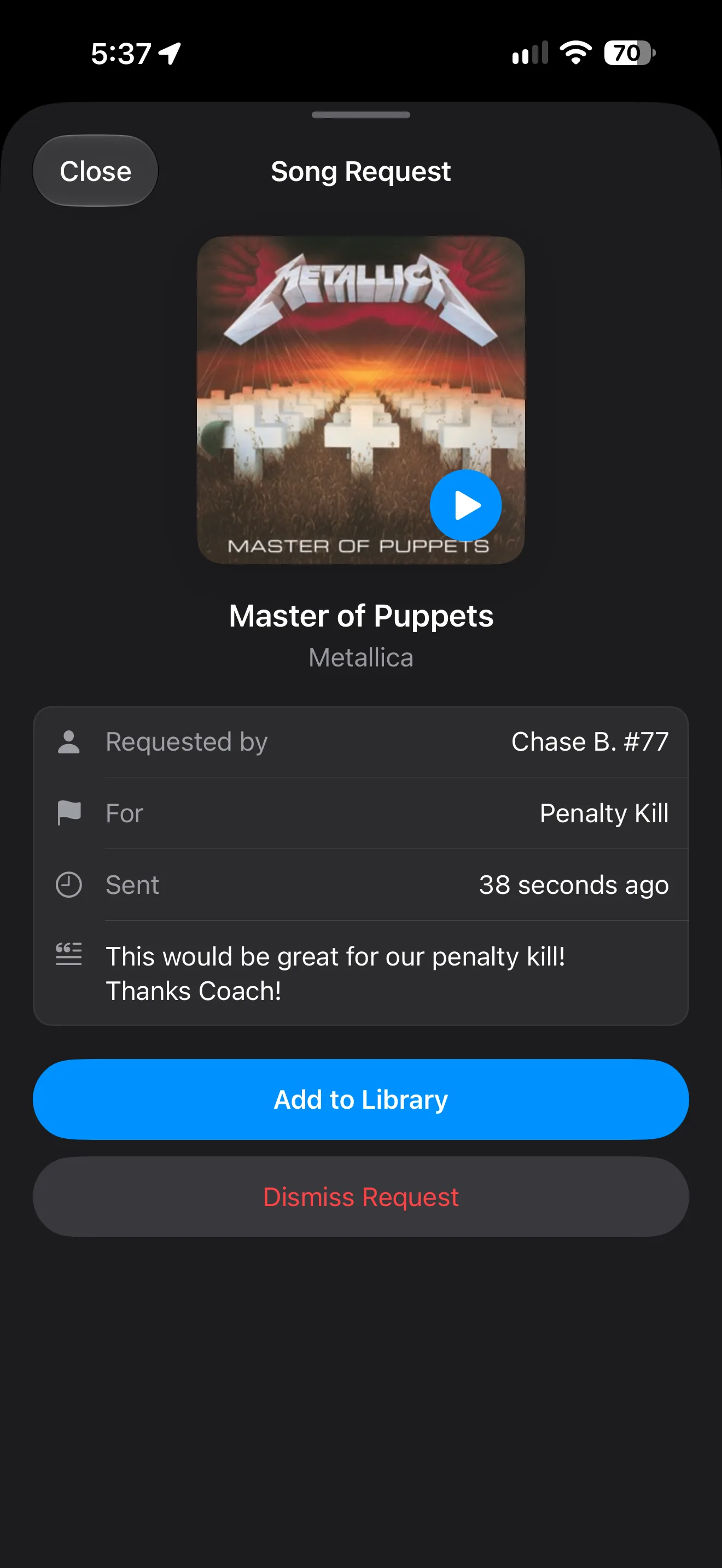 Reviewing a player's song request for the penalty kill, with a song preview and Add to Library button
