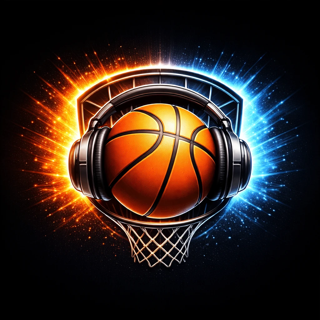 Ultimate Basketball DJ app icon - basketball with headphones and hoop
